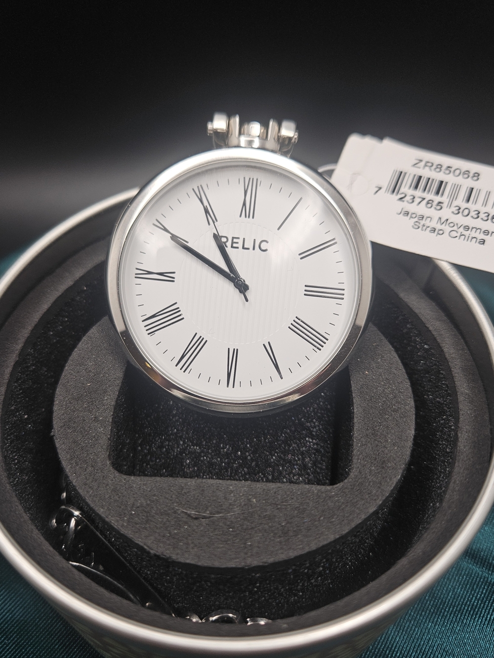 Relic Open Face Pocket Watch Quartz Stainless Steel White Roman Dial w/ Chain